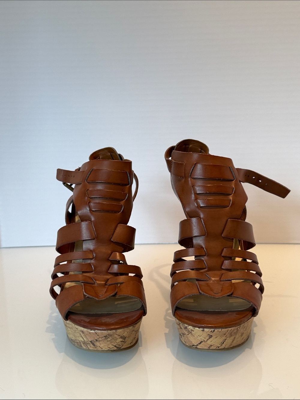 G by Guess Brown Strappy Cork Wedge Sandals with Ankle Buckle